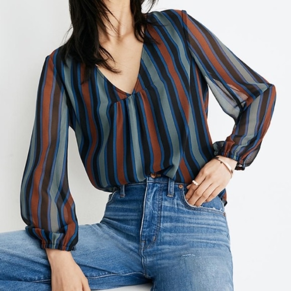 MADEWELL Sheer-Sleeve Top in Academy Stripe Size medium